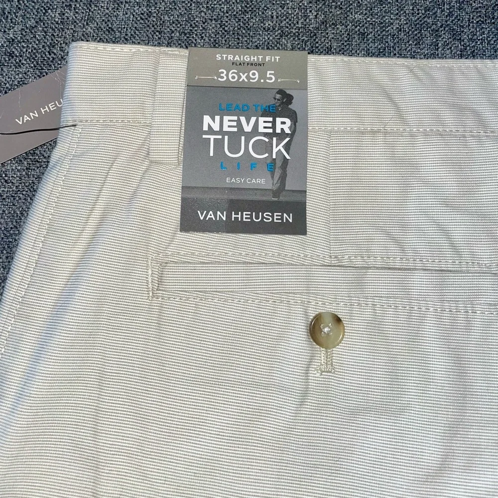 Men’s Van Heusen Never Tuck Flat Front Straight Fit Chino Cream Shorts 36 NWT - Picture 3 of 5